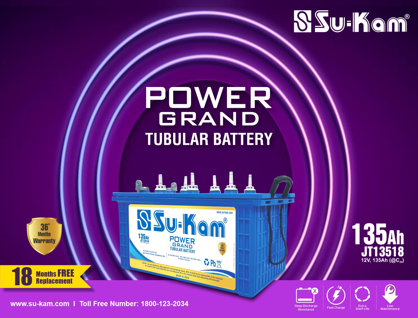 Sukam Power Grand 160 Ah Tubular Inverter Battery with 36* Months Warranty for Home, Office & Shops