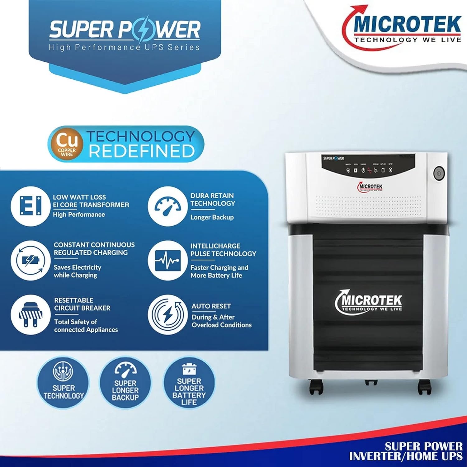 Microtek Super Power 700 Advanced Digital 600VA/12V Inverter, Support 1 Battery With 2 Year Warranty for Home, Office & Shops