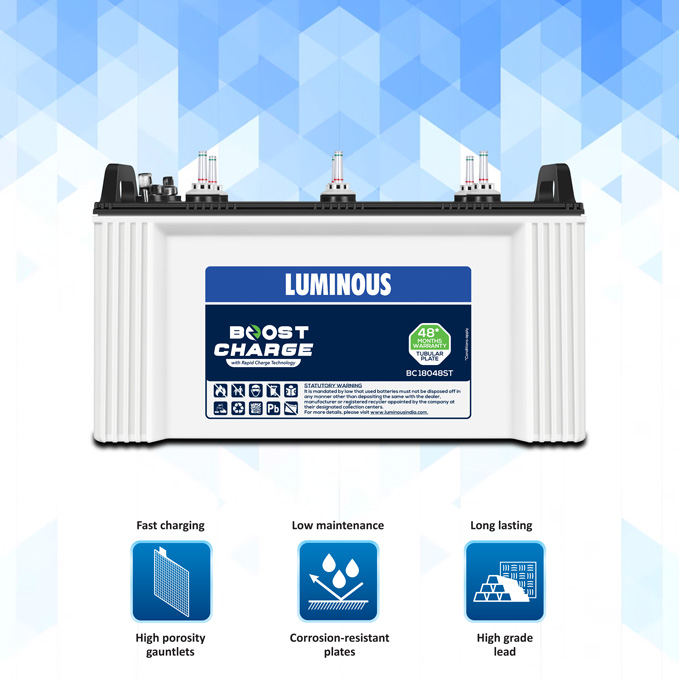 Luminous Boost Charge BC 18048ST Tubular Inverter Battery 48 Months Warranty for Home, Office & Shops
