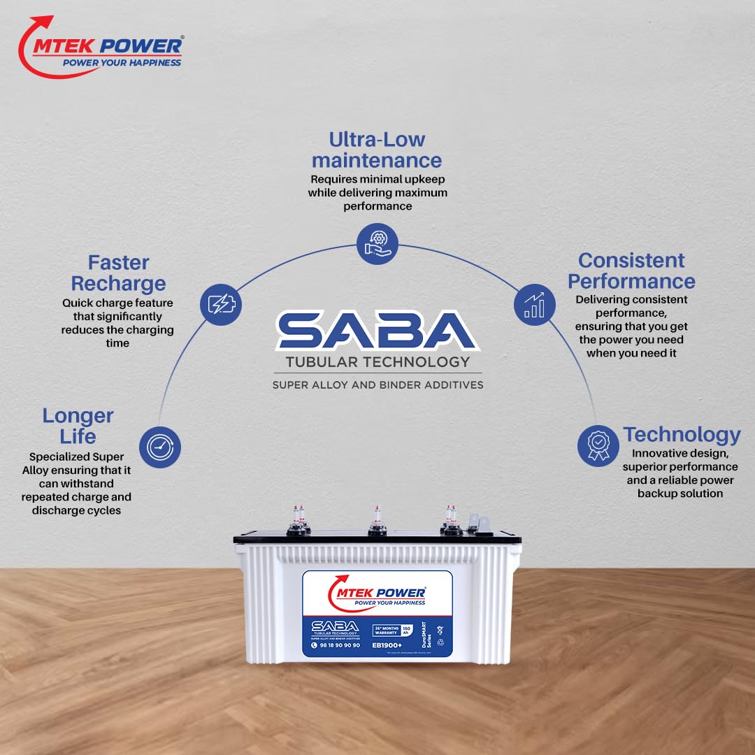 MTEKPOWER Durasmart Eb1900+ 160Ah/12V Tubular Inverter Battery For Longer Battery Life of Home, Office & Shops Use 